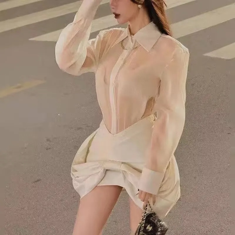 Sheer Chiffon long sleeve shirt w/irregular wrap hip detail.